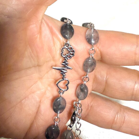 Genuine Grey Tourmalinated Quartz Short Necklace,Gemstone & Paw Print Heart Beat - Picture 14 of 14